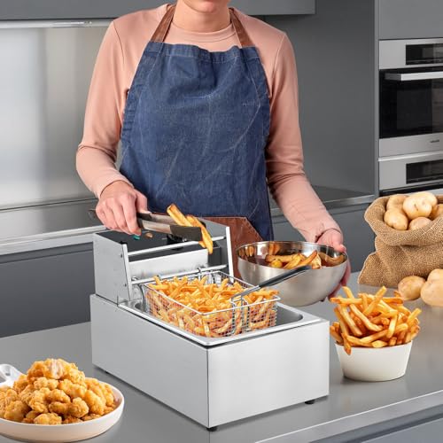GarveeHome with Deep Fryer Extra - 6L Oil Capacity, High-End Model with Oil Drain Valve, 120V, 1800W, Basket and Lid, Stainless Steel Easy to Clean for Restaurant Mobile Catering Food Cooking
