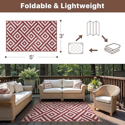 Image of GENIMO Outdoor Rug 3'x5' Waterproof for Porch, Plastic Door Mat Ruby White | Outside Modern Carpet for Patio Decor, Balcony, Deck, Backyard, Picnic, Camping, RV, Reversible, Foldable, Lightweight