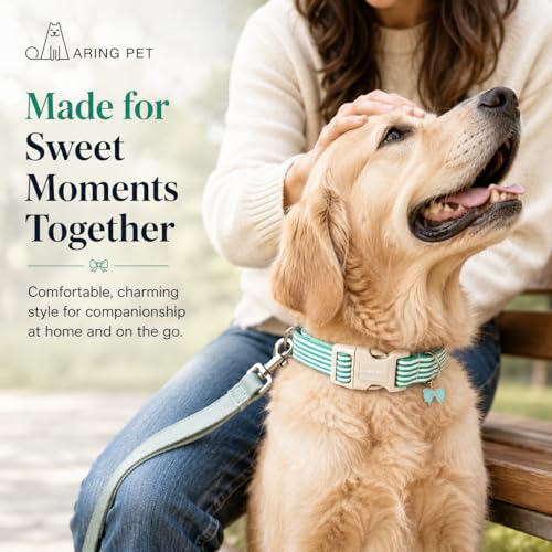 Image of ARING PET Teal Striped Dog Collar for Small Medium Large Boy Girl Dogs-XS | Cotton Fall Winter Puppy Pet Collar for XS S M L XL Dogs, Soft Sturdy Comfortable, Daily Wear Park Play Neighborhood Stroll