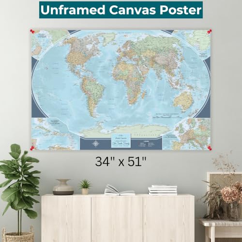 Image of Signature World Map Poster with Pins - Personalized Travel Canvas - Wall Decor for Travelers - Extra Large 34 inch x 51 inch