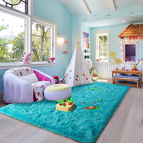 HOMORE Rugs for Living Room 5x8 Fluffy Modern Shag Rugs for Bedroom, Soft Furry Teal Blue Rug for Kids Room, Cute Rugs and Carpets for Nursery Playroom Home Dorm Decor, Turquoise