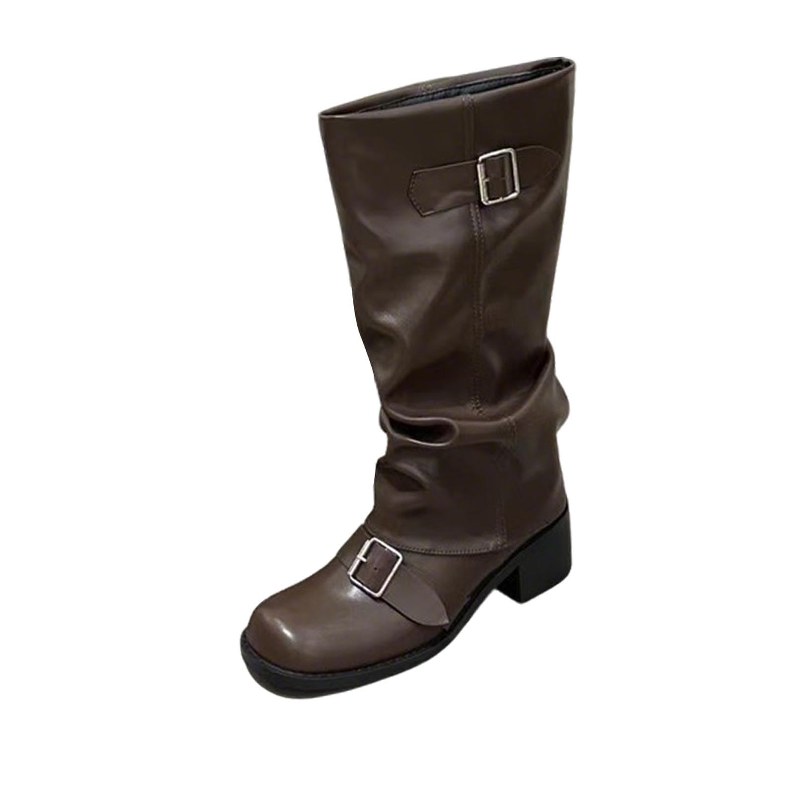 Women Knee High Wide Calf Boot Fold Over Stacked Fall Fashsion Boots Western Riding Loose Round Toe Motorcycle