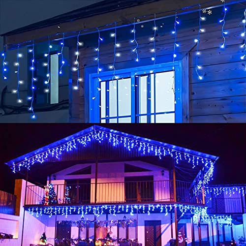 LIGHTNUM Rideau Guirlande Lumineuse, 14M Rideau Lumineux Noel Exterieur à Prise, Guirlande LED avec Minuterie 8 Modes, IP44 pour Balcon, Jardin, d'extérieur et intérieur, Blanc Froid et Bleu Cover