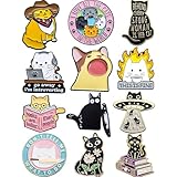 Cat Enamel Pins Set – Funny & Cute Lapel Pins with Books, Fire, UFO, and Sass for Backpacks, Jackets, or Gifts – Collectible Metal Accessories for Cats Lovers and Introverts – 12-Pack (Cat-M)