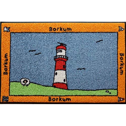 AS4HOME Waschbare Fussmatte - Insel Borkum - Leuchtturm 47x73cm wash+Dry Fußabstreifer mit...