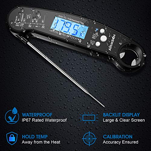 Airmsen Digital Instant Read Meat Thermometer with 4.7” Folding Probe, 2S Best Ultra Fast Waterproof Kitchen Food Cooking Thermometer with Bottle Opener for Barbecue Carnival Night!
