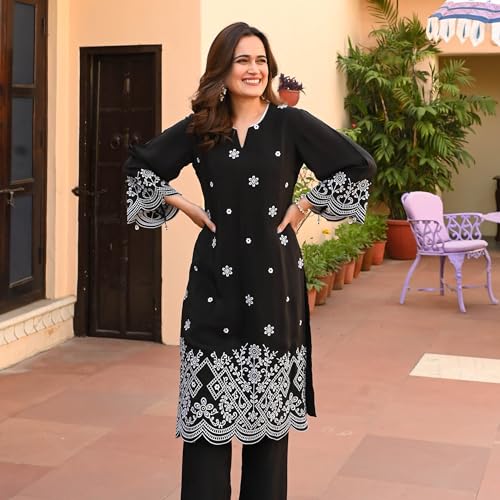Image of BHARVITA Women's Cotton Lucknowi Embroidered Chikankari Work Straight Kurta with Pant Set for Every Occasion