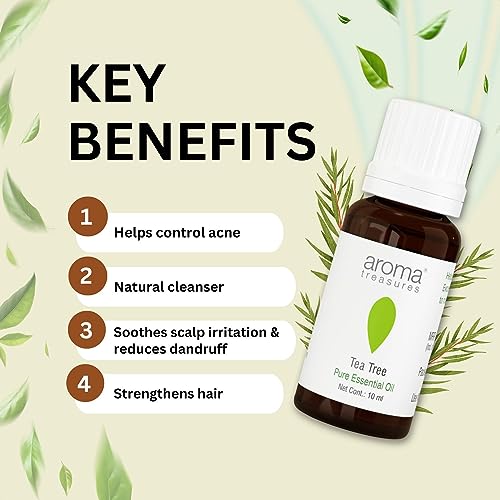 Image of Aroma Treasures Tea Tree essential oil 100% Pure, multipurpose essential oil for acne, hair, skin, body, dandruff (10ml)