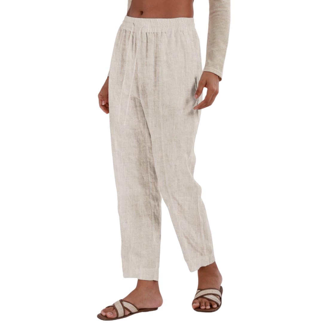 Amazhiyu Pantaloni da donna in puro lino estivo con elastico in vita con coulisse