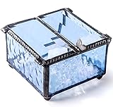 Blue Glass Jewelry Box Double Hinged Lid with Butterfly Accent Keepsake Display Trinket Dish Decorative Vintage Home Décor J Devlin Box 185-3