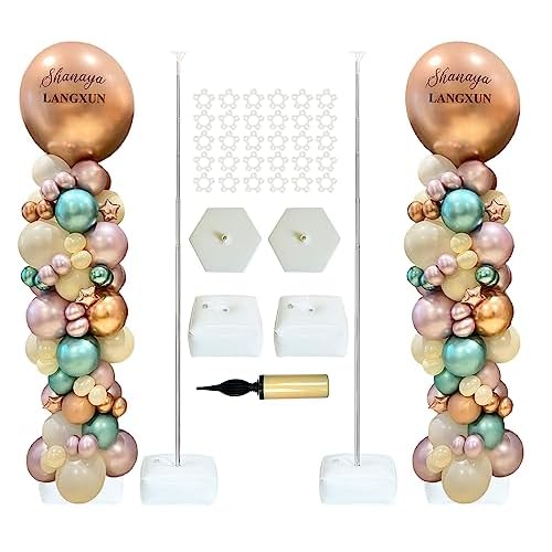 LANGXUN 2 Sets Adjustable 7ft DIY Balloon Column Stand Kits For Birthday Wedding Graduation Party Decorations, Christmas Balloon Decor White+grey