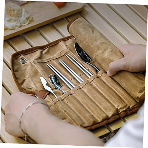 TOPBATHY Camping Cutlery Pouch Picnic Bag Portable Tableware Bag Hanging Organizer, Khaki, 42x26.5cm - Image 3