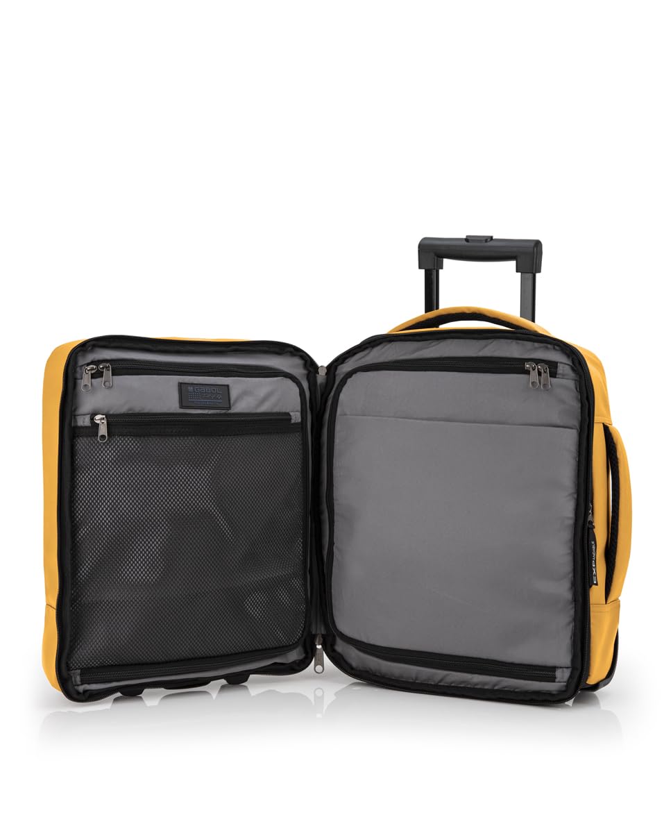 Gabol - Mochila con Ruedas Expandible Canada con Capacidad 24/28,8L - Equipaje Ligero de 1kg y 30x40x20/24 cm, Tirador Extendido 101 cm - Piel Sintética + Textil - Diseño Español - Mostaza