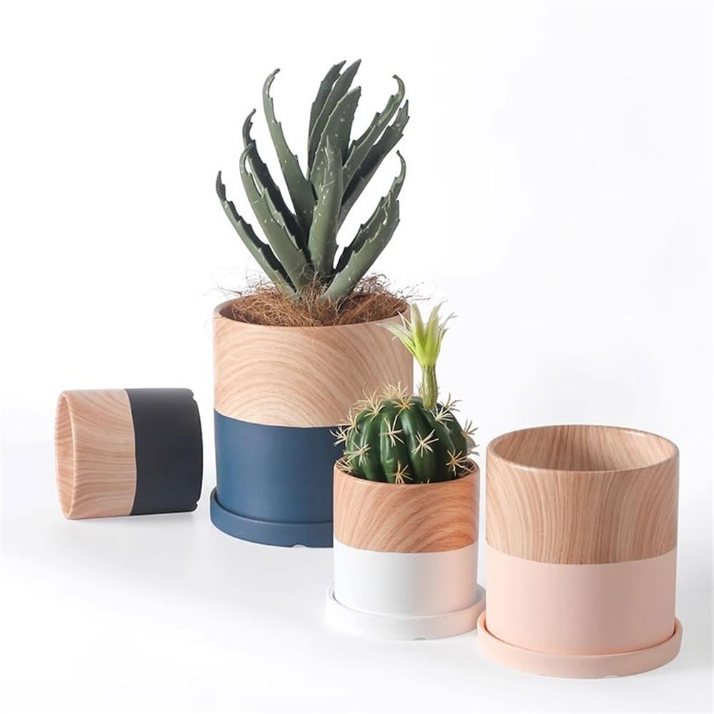 Doniczka Cylindryczna doniczka z podstawkami i otworami drenażowymi Ceramiczna doniczka na kwiaty, niebieska z małą doniczką Woodgrain, na balkon w salonie Sypialnia Doniczka