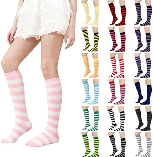 Funny Christmas Socks for Women, Knit Striped Print Knee High Stocking Socks, Holiday Over The Knee Thermal Stocking