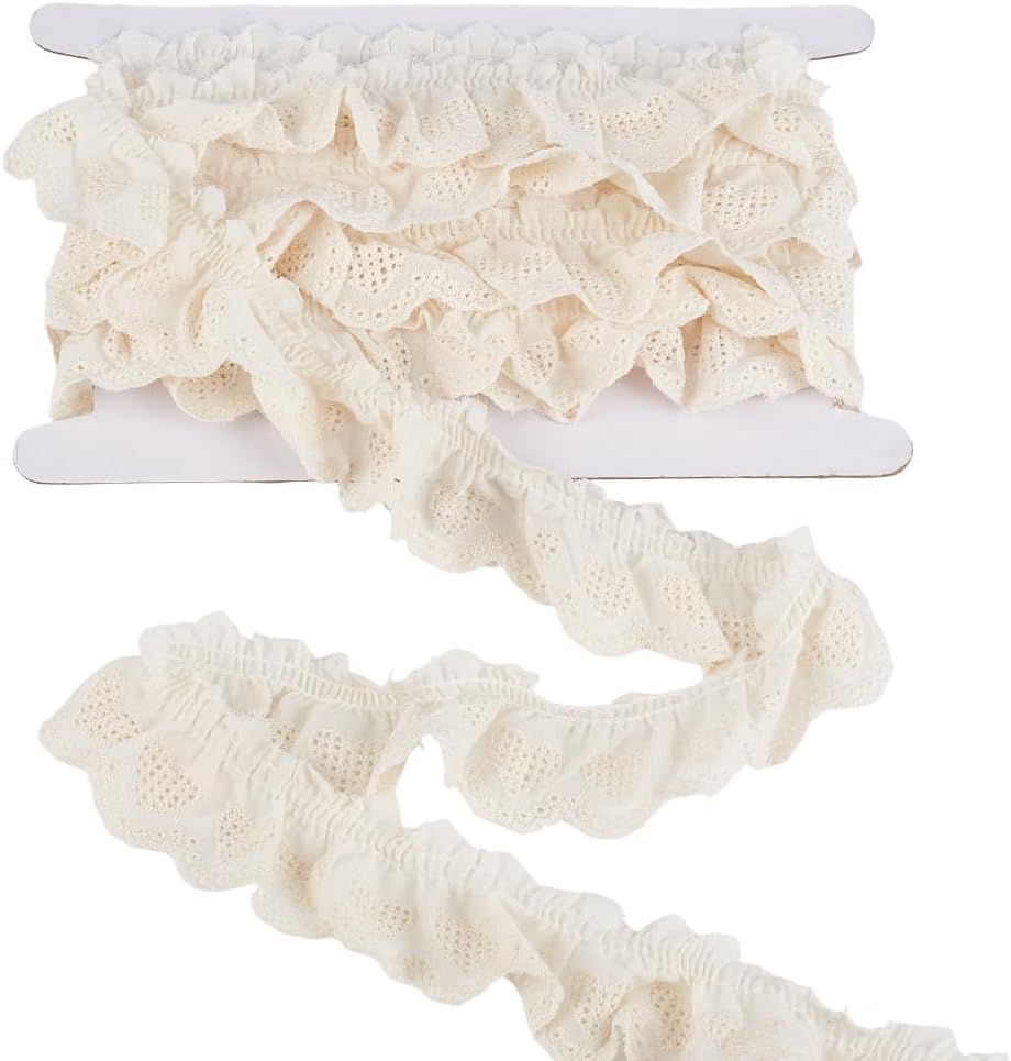 GORGECRAFT 5 Yards Cotton Ruffled Eyelet Lace Trim 1-3/4 Inch Wide Beige Pleated Chiffon Wavy Edge Floral Embroidery Laces Trim Ribbon for Sewing Dress Bag Dolls Pets Tablecloth Pillow DIY Crafts