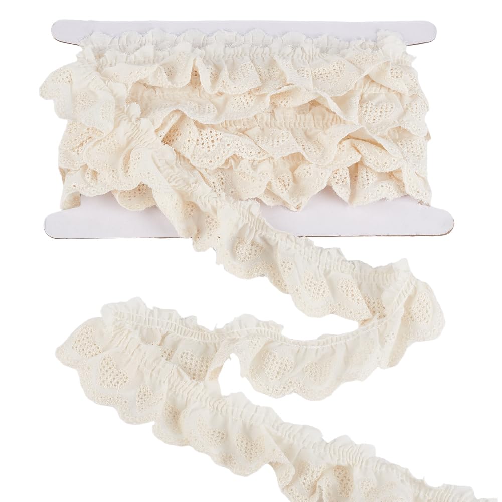 GORGECRAFT 5 Yards Cotton Ruffled Eyelet Lace Trim 4.5cm Wide Beige Pleated Chiffon Wavy Edge Floral Embroidery Ruffle Laces Trim Ribbon for Sewing Dress Bag Dolls Pets Tablecloth Pillow DIY Crafts
