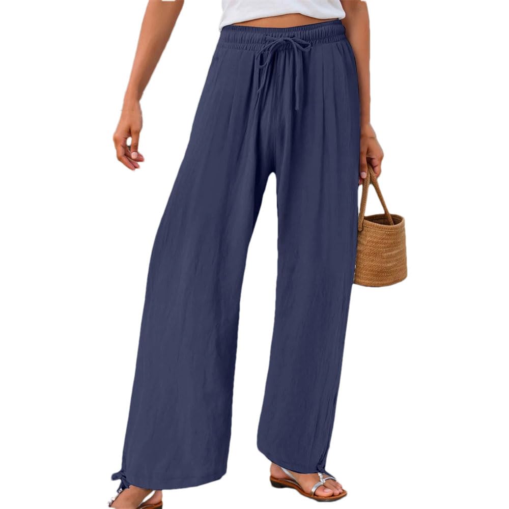 Womens Summer Lightweight Vintage Palazzo Pants High Waist Baggy Solid Color Casual Beach Pants
