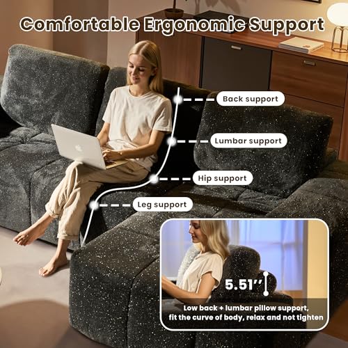 Image of 114 inch Glitter Cloud Sectional Couch with L-Shape Chaise & Ottoman, Modern Boneless Couches for Living Room, Fluffy Tufted Deep Seat Modular Sofa No Assembly (Gray Sparkly Velvet,Right Facing)
