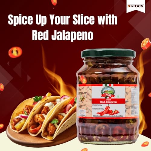 Image of CANEEN - Sliced Red Jalapenos 100% Vegan I Ready-to-Eat Fibre-Rich Topping for Pizza, Pasta, Snacks and Salads, Non-GMO (370g, Pack of 2)
