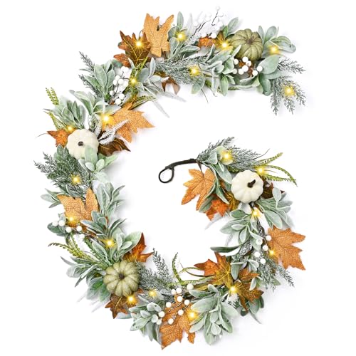 Waipfaru Fall Decor, 6 Ft Fall Garland for Mantle, Autumn Garland with Lights, Fall Decorations with Lamb's Ear Pumpkin Leaves for Outdoor Home Table Centerpiece Thanksgiving Farmhouse Porch