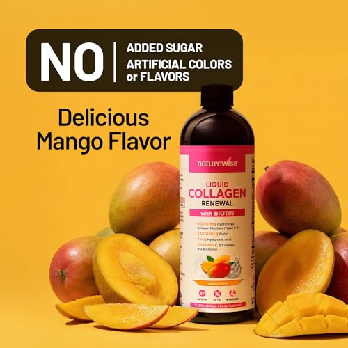 Image of NatureWise Hydrolyzed Liquid Collagen for Women & Men 4000mg - No Added Sugar - Multi Collagen Peptides + Biotin + Vitamin C + Vitamin B Complex & Hyaluronic Acid - Mango - 15.22 fl oz[45 Day Supply]