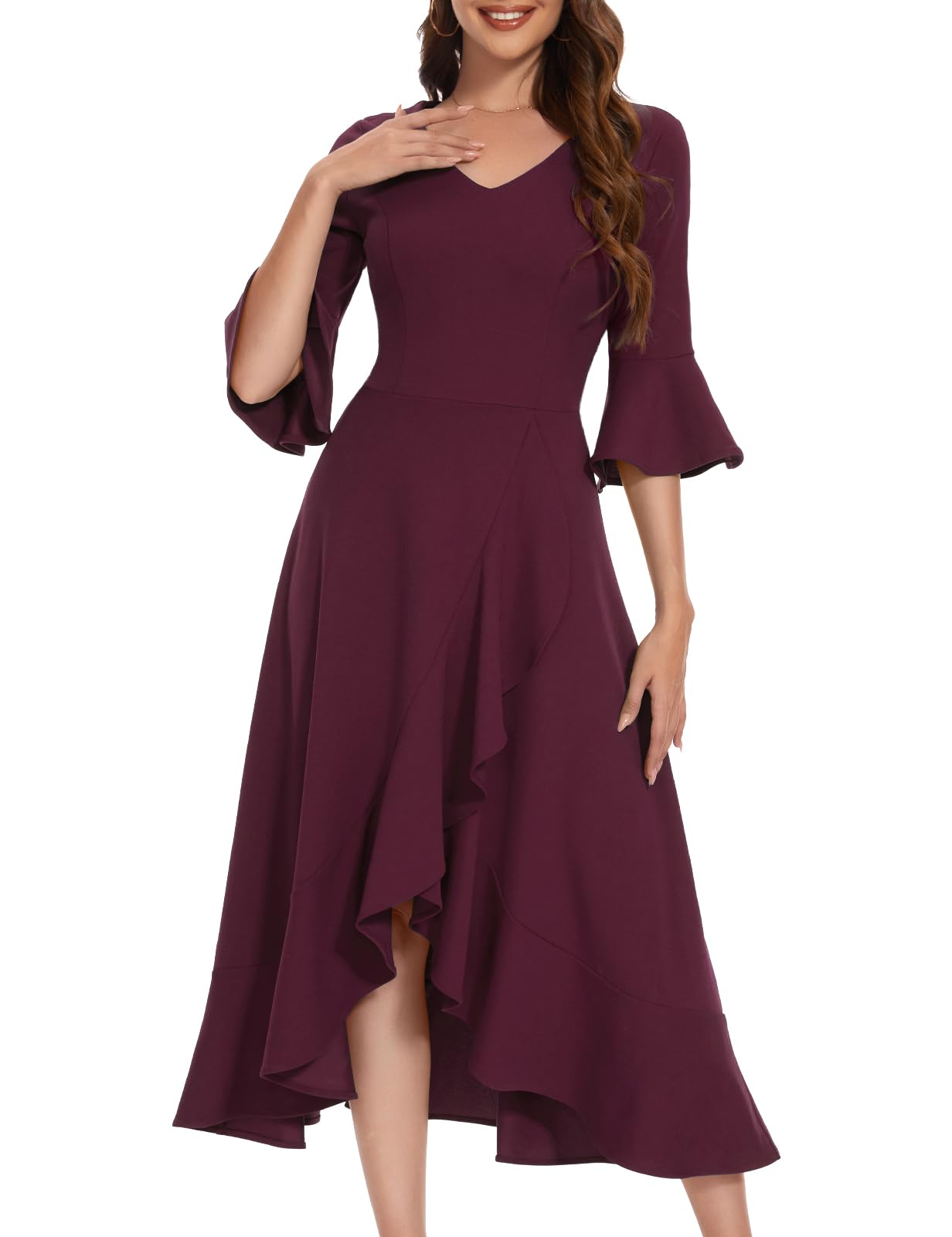 HomRainWomen's V Neck Bell Sleeve Formal Dresses for Wedding Guest Ruffle Split Evening Party Cocktail Dress