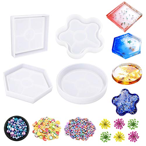 Jatidne Resin Molds Coaster Silicone Molds for Resin Epoxy Casting Molds 4 Pieces Shapes with Flowers and Beads DIY Craft Making