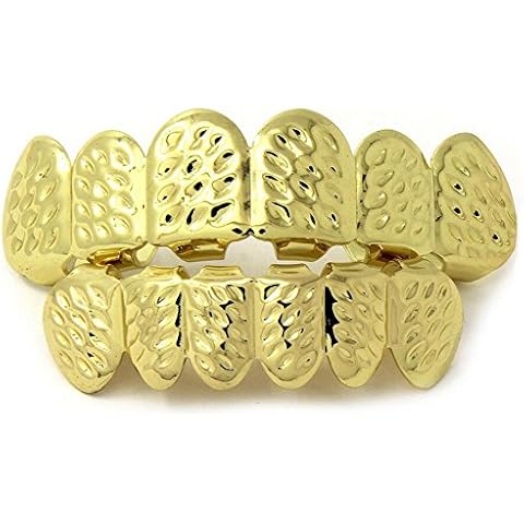 Gold Grillz Teeth Set Best Gift for Son-New Custom Fit 14k Plated Gold with Diamonds Cut Grillz - Excellent Cut for All Types of Teeth – Top and Bottom Grill Set - Hip Hop Bling Grillz Cover