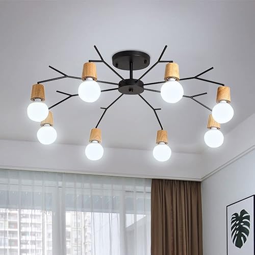 Miniatura 1 de Lámpara de techo moderna de 6 luces, enchufe de bombilla E26 de montaje semiempotrado, lámpara de araña negra y dorada para dormitorio, sala de