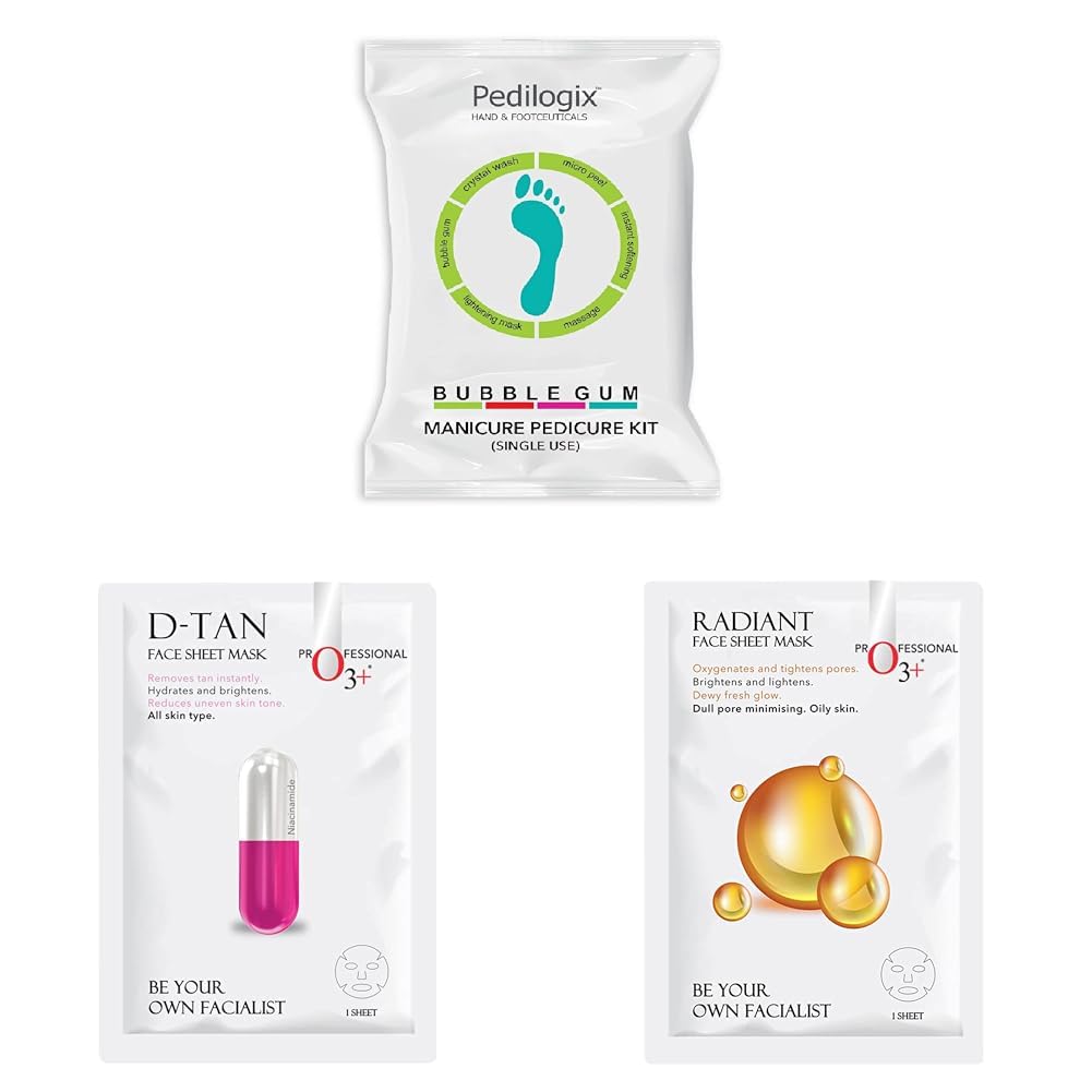 O3+ Pedilogix Bubblegum Manicure Pedicure Kit for Hand and Feet Lightening & O3+ Facialist Dtan Face Sheet Mask With Niacinamide reduced dark spots, acne scars, and discoloration while giving ultimate brightening & O3+ Facialist Radiant Face Sheet Mask for Oxygenates and tightens pores to reduce uneven skin tone (30g)-image-15