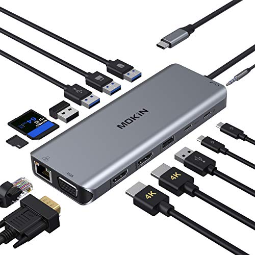 USB C Docking Station, 14-in-1 USB C Multiport Adapter USB C Dongle Dual Monitor with 4K Dual HDMI+VGA+Ethernet+5USB,+SD/TF+USB C PD+Data+Audio for Dell XPS 13/15/Surface Pro 7 Go/MacBook Pro/Air