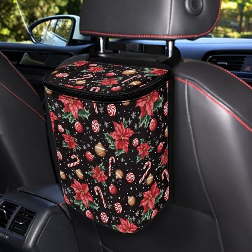 Image of Talayituse Christmas Flower Candy Bulb Snowflake Print Car Trash Can with Adjustable Straps, Car Trash Bag Bin Car Garbage Bag Multipurpose Storage Box for Vehicle Travel Camping Picnicing