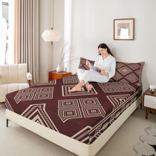 Manfei Sábana bajera ajustable para niños y adolescentes, juego de ropa de cama con patrón de diamantes tribales bohemios (sin sábana superior), sábanas navajo del suroeste, funda de cama nativa