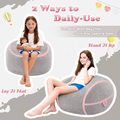 Image of 2FT Bean Bag Chair 2'Bean Bag Chairs with Memory Foam Filled Small Bean Bag | Bean bags with Washable Cover Luxurious Velvet Fabric, Comfy Chairs for Living Room, Bedroom, Dorm, Lightgrey with Pink