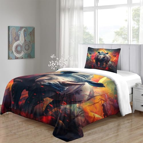 Housse de couette rhinocéros 3D 135x200 infroissable à fermeture éclair