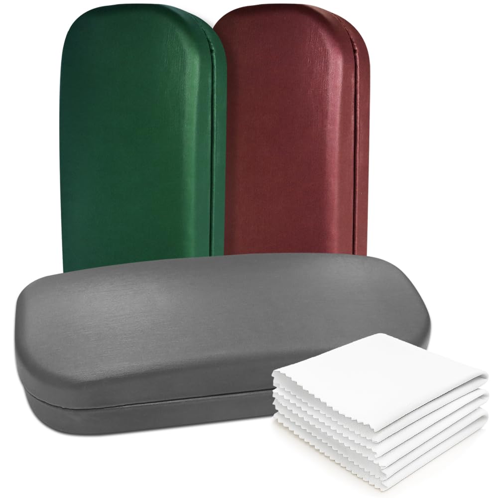 OPTIPAK Hard Shell Glasses Case – Brushed Large Eyeglasses Case with Microfiber Cleaning Cloth – Durable Hard Glasses Case for Men & Women (Pack of 3)