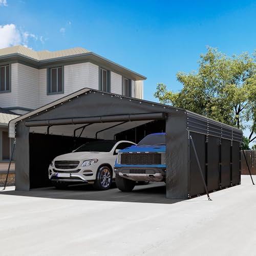20 x 20FT Heavy Duty Metal Carport, Outdoor Carport with Galvanized Steel Frame and Roof, Multi-Use Car Shelter with Removable Sidewalls for 2 Cars, Pickup, Tractors, Gray
