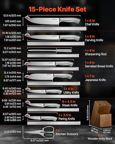 Image of VEVOR Kitchen Knife Set with Block and Sharpener, 15 Piece German High Carbon Stainless Steel Sharp Knife Set, Kitchen Cutlery with Ergonomic Handle, Sharpening Rod and Wooden Block, for Home Cooks