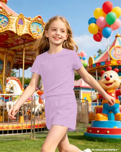 Image of Bestuline Girls Summer 2 Piece Outfits,Basic Short Sleeve Top & Shorts Set with Side Pockets,4-14Y