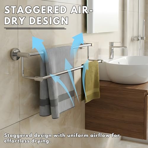Image of GLOXY Premium Stainless Steel 24 Inch Towel Rod for Bathroom Combo Pack of 2 - Chrome Finished Wall Mount Bathroom Rod for Clothes - Bathroom Towel Rod for Bathroom Fittings Accessories Set