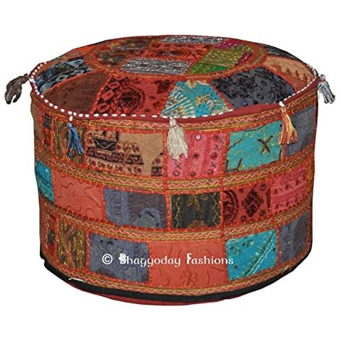 Indian Traditional Home Decorative Ottoman Handmade Pouf, Indian Comfortable Floor Cotton Cushion Ottoman Cover Embellished With PatchWork And Embroidery Work, Indian Vintage Ottoman Pouf, 14x22 Inch. By Bhagyoday Cover