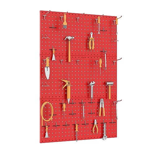Image of TORACK 3 PCS Metal Pegboard Panels(12x24 inch) for Wall Garage Tools Storage Pegboard System for Workbench, Modular Peg Board Tool Organizer Board Kit(Pack of 3, Red)