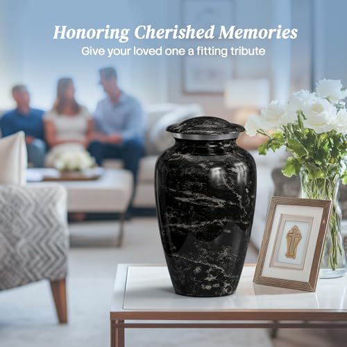 Image of Large Handcrafted Urn for Ashes Adult Male and Female - Cremation Urns for Human Ashes Adult Man and Woman - Decorative Funeral Urns - Memorial Urn with Black Marble Finish - Large (10.5 inch H x 6.25 inch W)