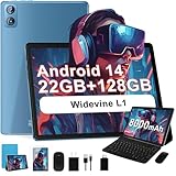 Dghrti 2025 Android 14 Tablet, 22G+128G/1TB Expansion, 10 inch Tablets with 8000 mAh Battery, Octa-Core, GPS, Split-Screen, Face Unlock, 2 in 1 Tablet with Keyboard, Mouse, Case, Metal Blue