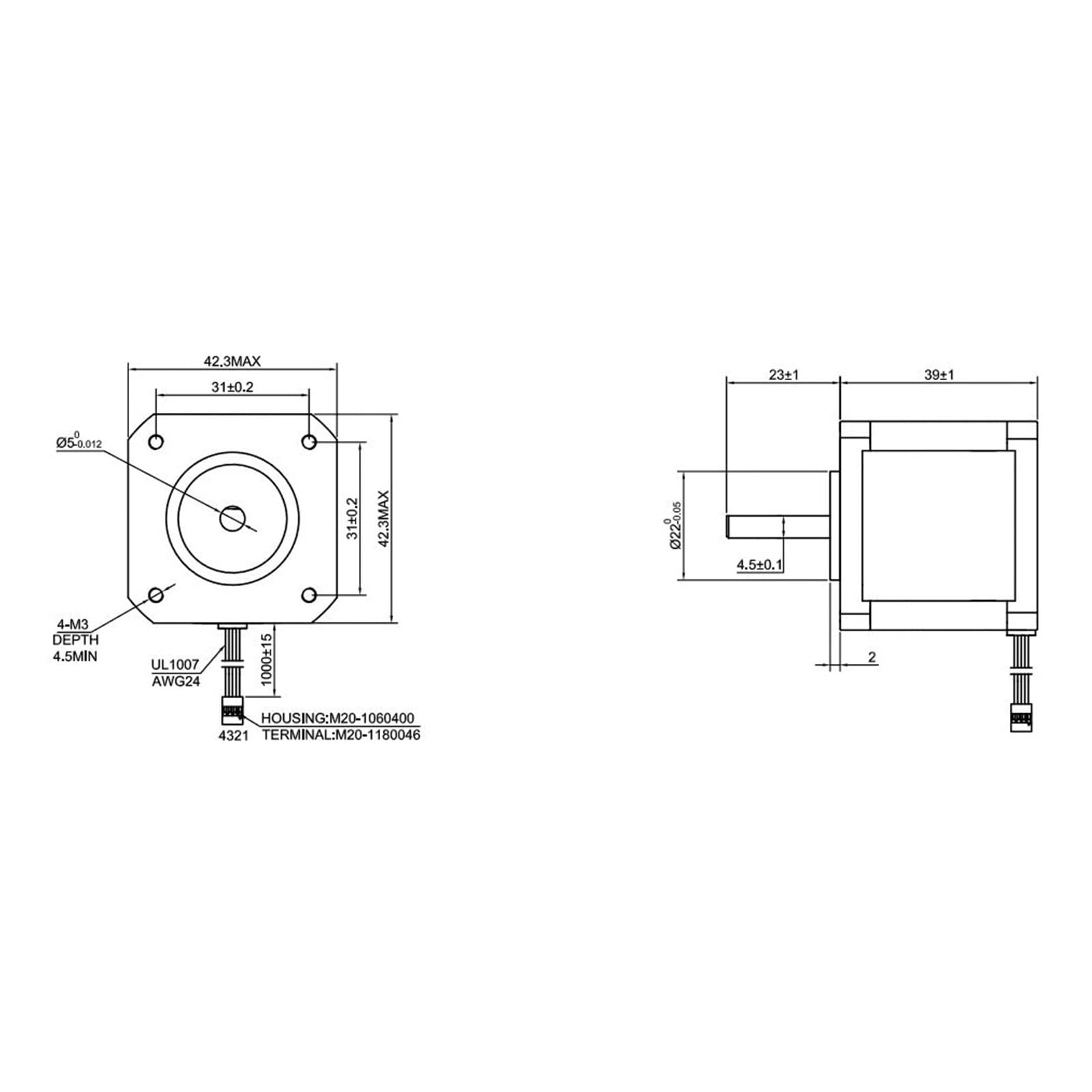 Motor paso a paso de 2 fases, nema 17 17HS16-2004S1 40mm 45Ncm 2A 4 cables 1m Cable motor paso a paso de impresora 3d for Robot CNC