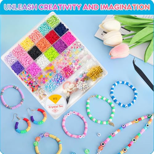 Image of ZORVO Premium Clay Bead Jewellery Making Kit - DIY Bracelet Making Set for Girls, Ultimate 4500+ Pcs Heishi Clay Beads Se, Clay Beads, Shells, and Pendants for Jewellery DesignComplete Jewellery Making Combo - Clay Beads, Charms, Scissors, and Crystal Threa