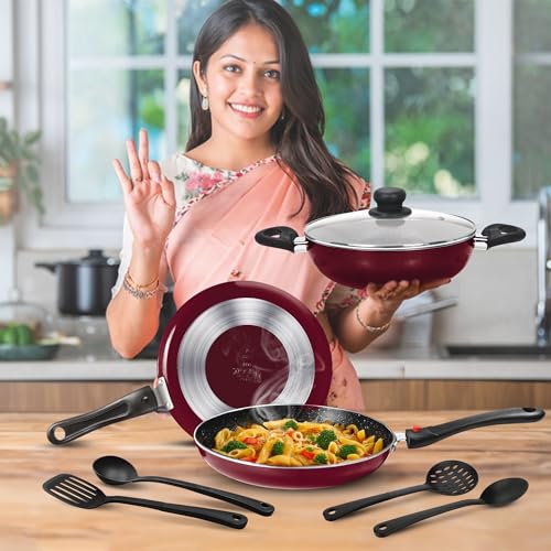 Image of Milton Pro Cook Kitchen Pride Plus Granito I Set of 7 Non Stick Cookware | Non Induction I Cooking Pan, Kadhai with Lid, Tawa, Nylon Laddle & Spatula I Peach Metallic