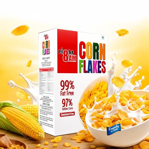 Image of 8 AM Corn Flakes 500 Gram (Pack Of 2), 97% Corn, 99% Fat Free, No Cholesterol, Trans Fat, Artificial Additives, Vitamins B1, B2, B3, B6, B9, Iron, Calcium, Crunchy & Nutritious Cereal