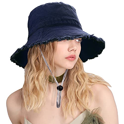 New Fashion Kingdom Women Sun Bucket Hat Cotton Hats Foldable Floppy Wide Brim Summer Beach Caps UPF 50+ for Women & Teens Girls - Blue, 7 18